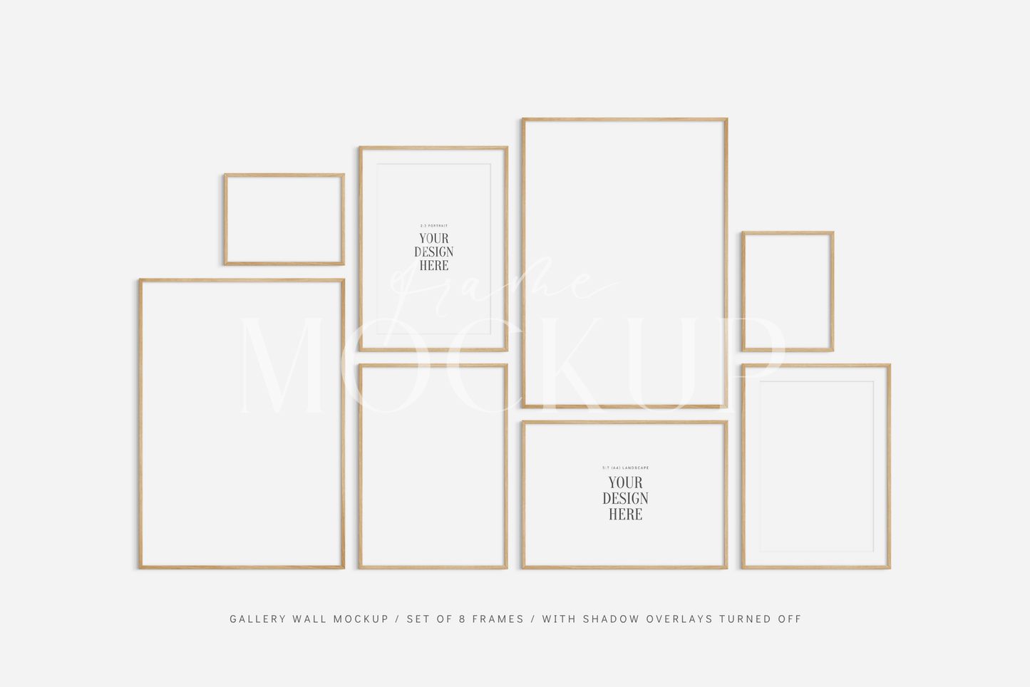 Modern gallery wall frame mockup set of 8 wooden frames, PSD wall art mockup kit.