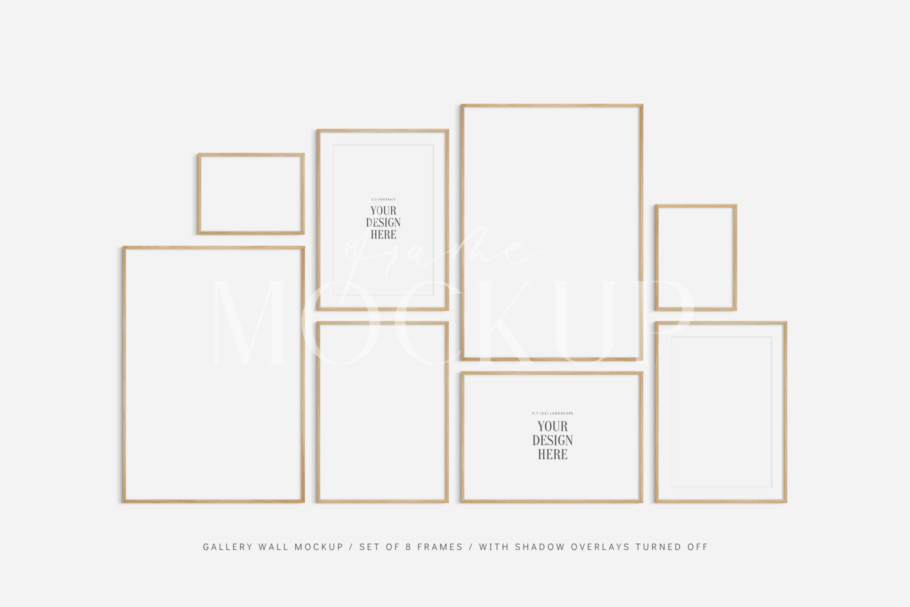 Modern gallery wall frame mockup set of 8 wooden frames, PSD wall art mockup kit.