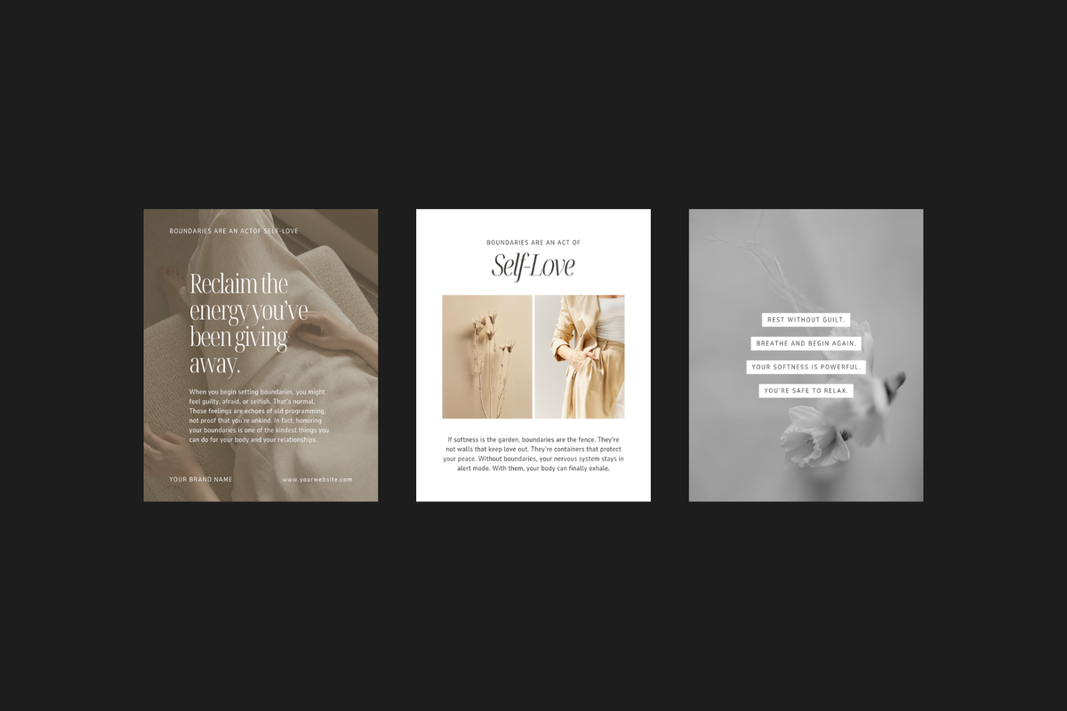 Promotional Instagram post Canva templates featuring free stock photos and sample text for copy inspiration. Three vertical social media or Instagram post templates arranged side by side on a dark background.