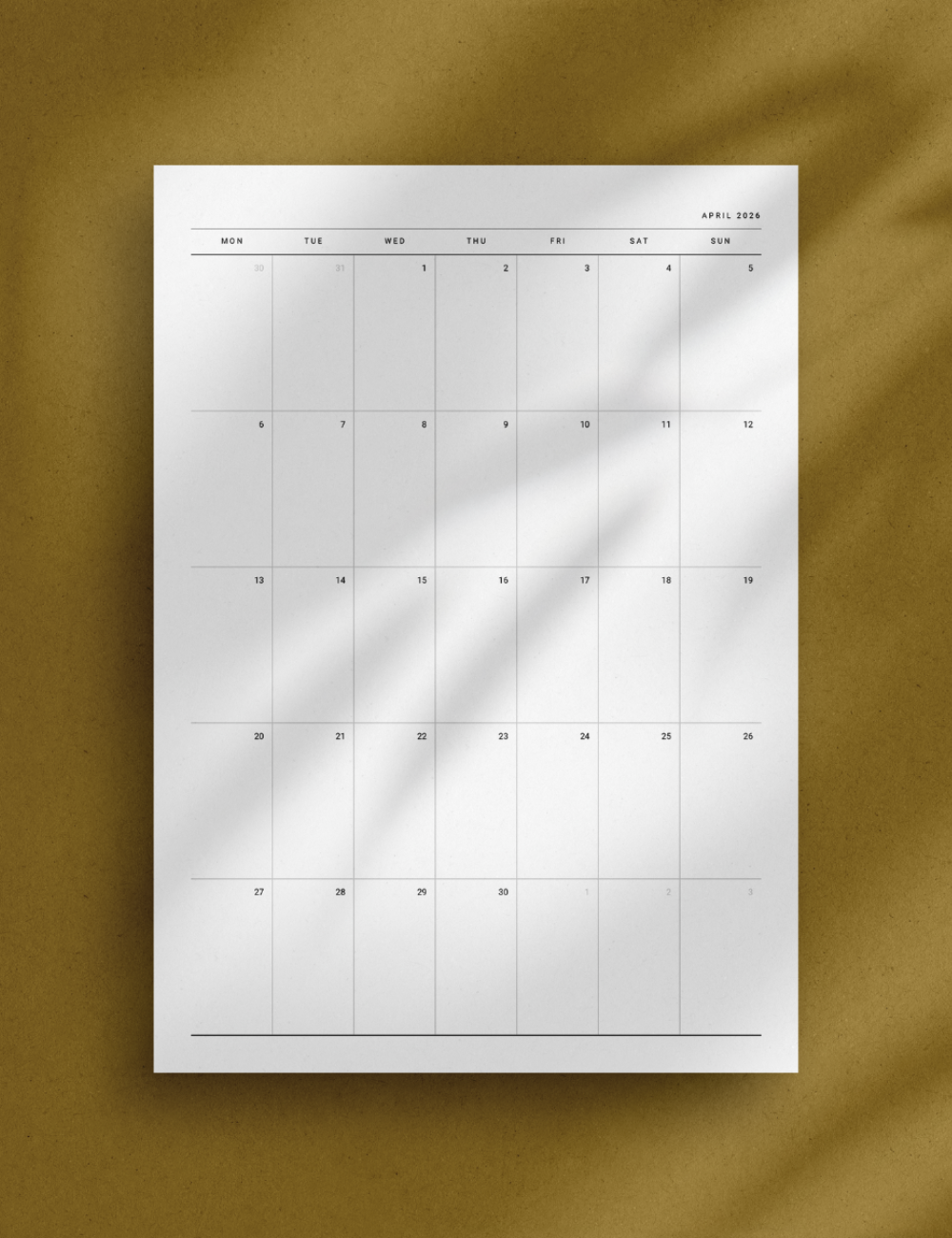 2026 monthly planner pages in A4 and US Letter with clean minimalist layout