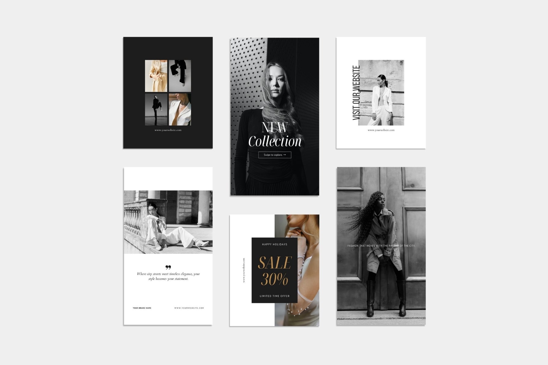 Black and white social media Canva templates for fashion bands, portrait and wedding photography.