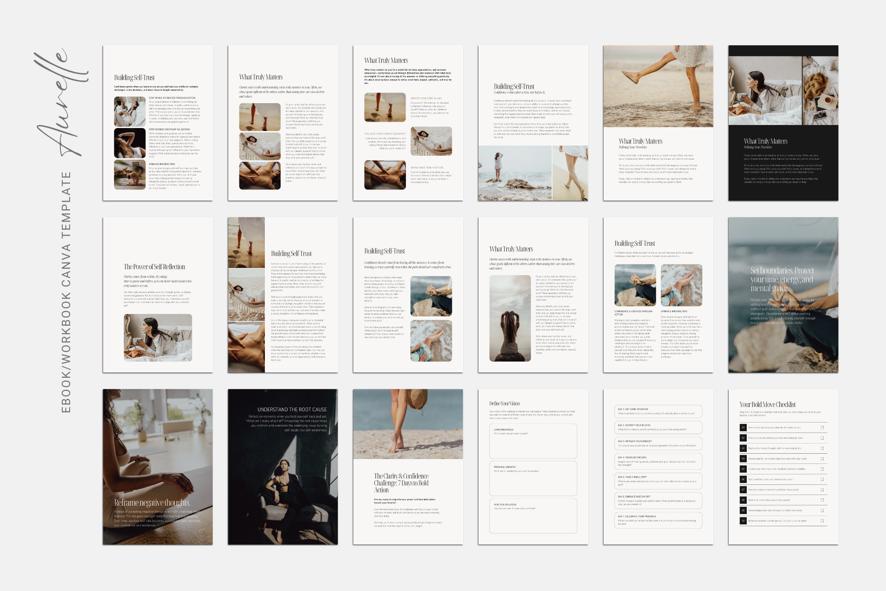 Coaching workbook template for life coaches, therapists, mentors, and wellness practitioners, warm neutral color palette and clean design, Canva