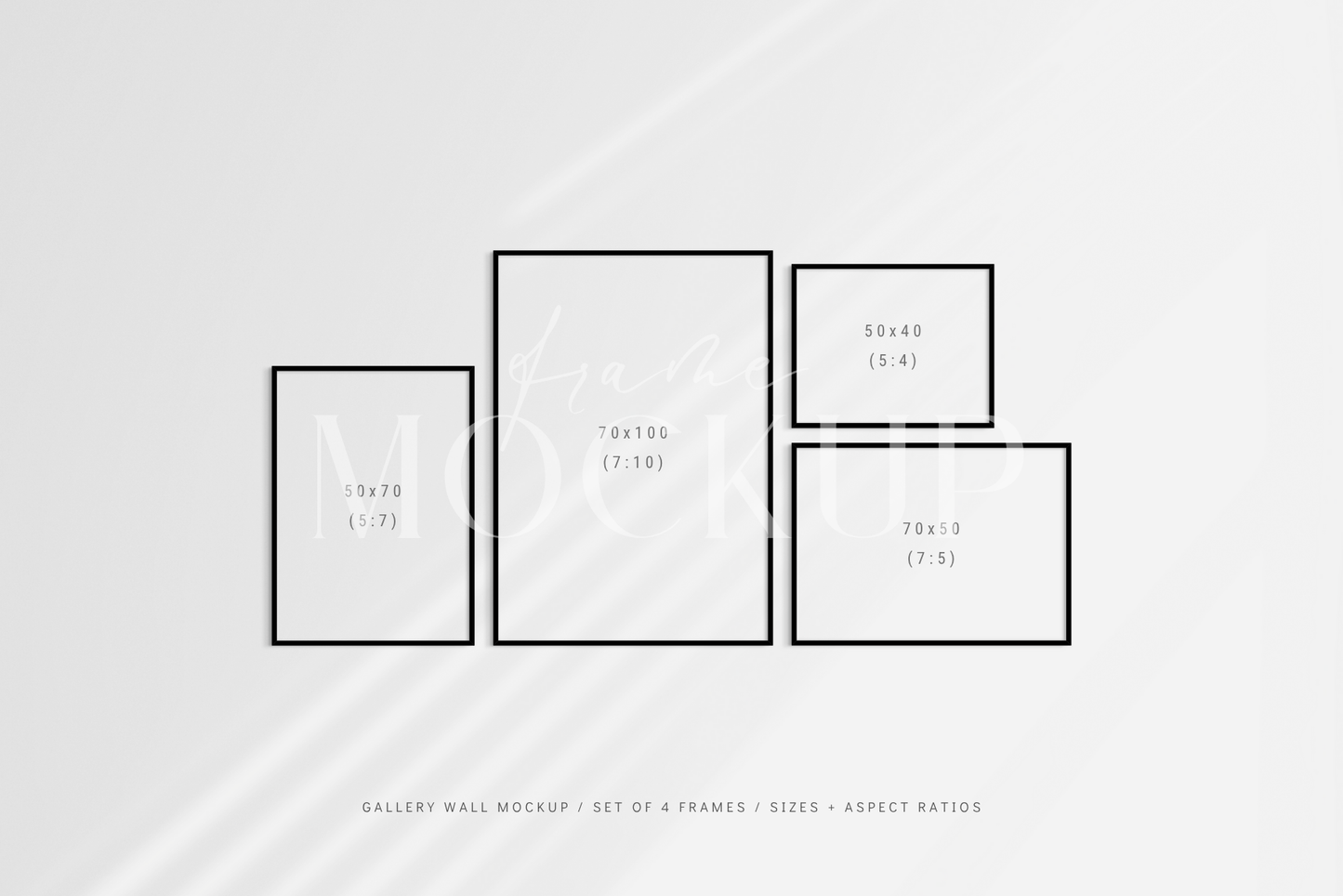 Gallery wall mockup set of 4 customizable black frames with shadow overlays.