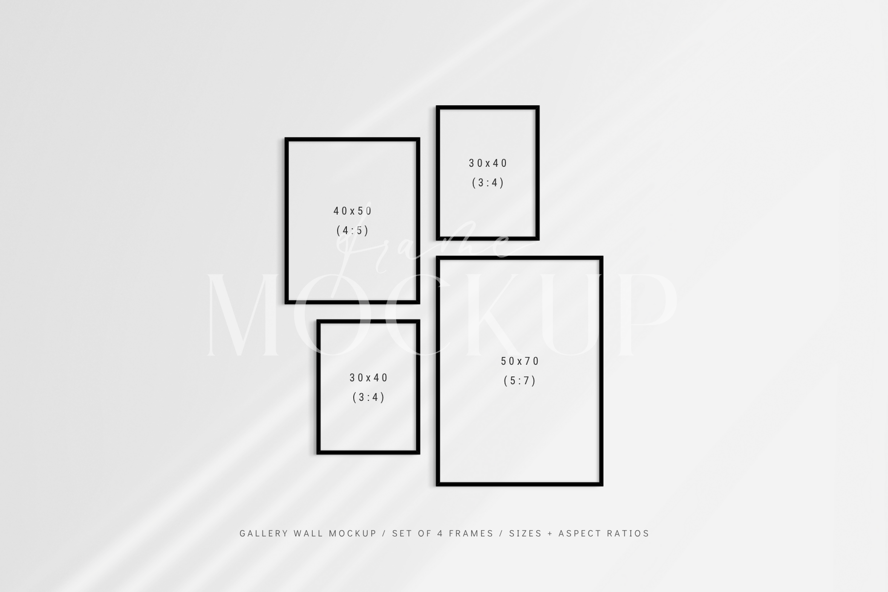 Gallery wall mockup set of 4 customizable black frames with shadow overlays.