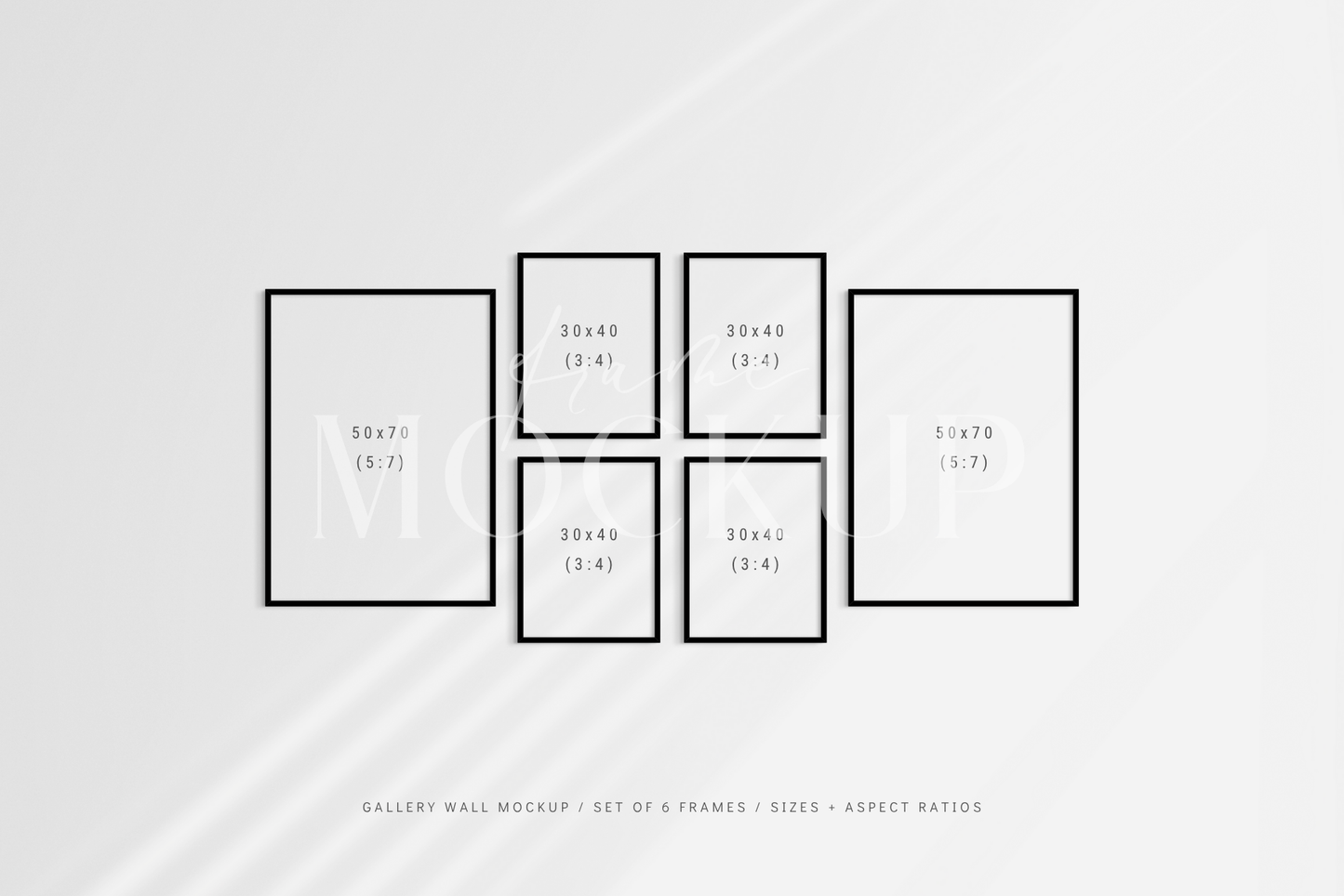 Gallery wall mockup set of 6 customizable black frames with shadow overlays.