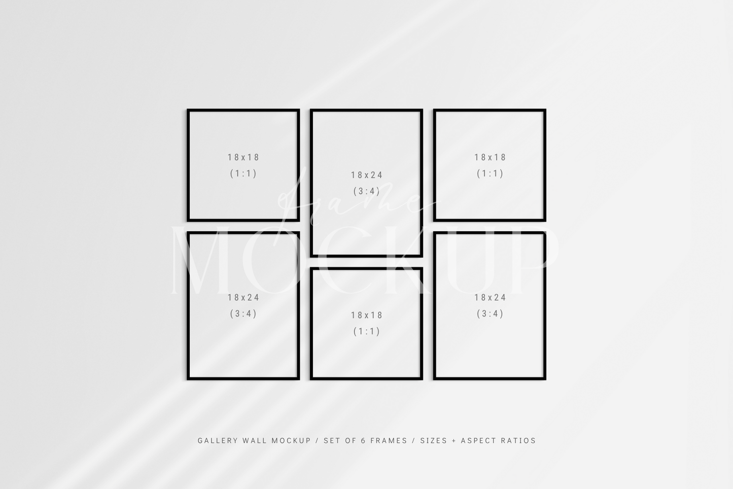 Gallery wall mockup set of 6 square and vertical 3:4 black frames with shadow overlays.