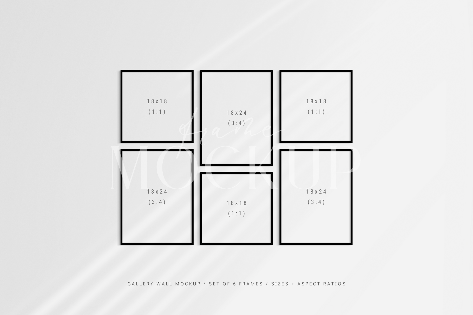 Gallery wall mockup set of 6 square and vertical 3:4 black frames with shadow overlays.