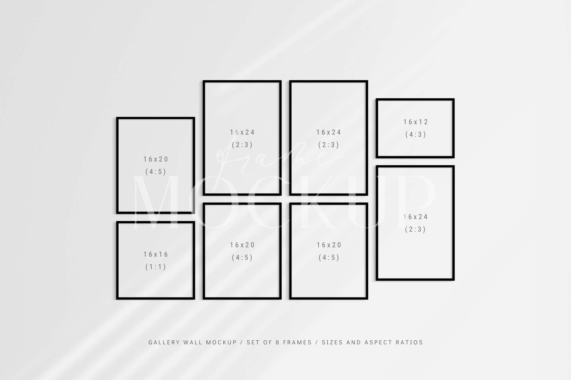 Gallery wall mockup set of 8 customizable black frames with shadow overlays.