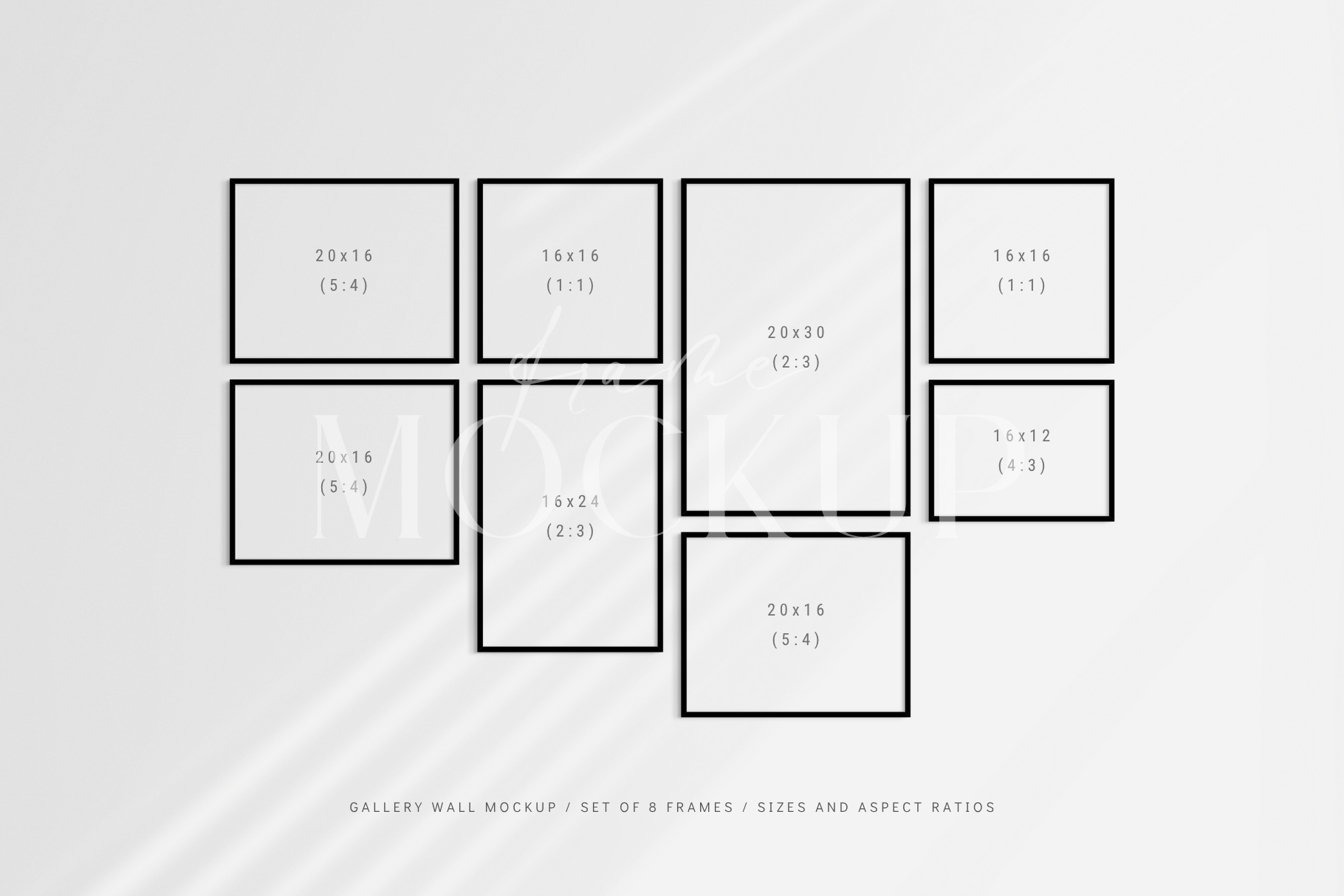 Gallery wall mockup set of 8 customizable black frames with shadow overlays.