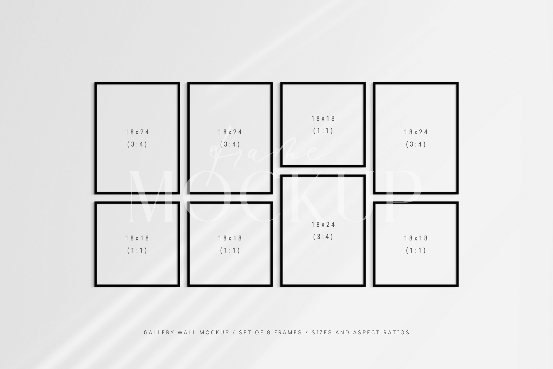 Gallery wall mockup set of 8 square and vertical 3:4 black frames with shadow overlays.