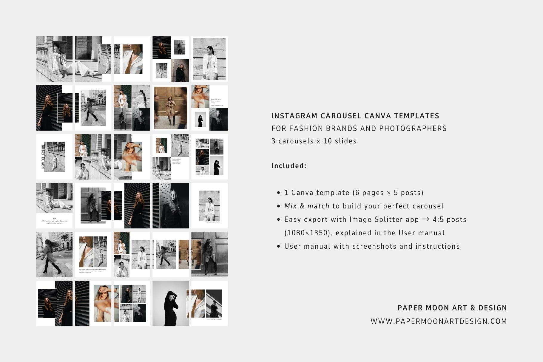 Minimal, editorial Instagram carousel Canva templates for fashion photography.