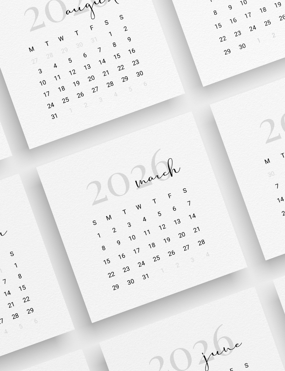2026 minimalist calendar cards for journaling, planning, and daily organization