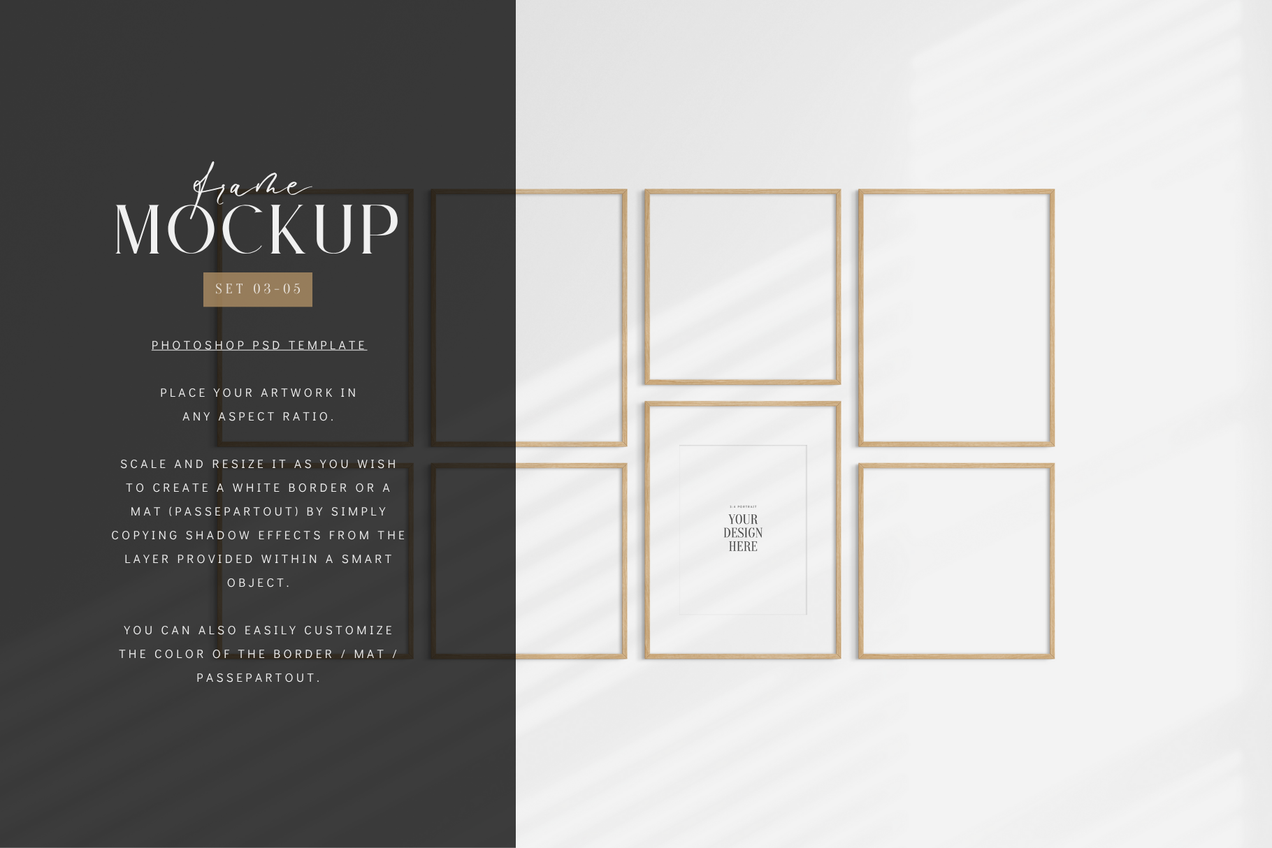 Gallery wall mockup set of eight square and vertical wooden frames with shadow overlays.
