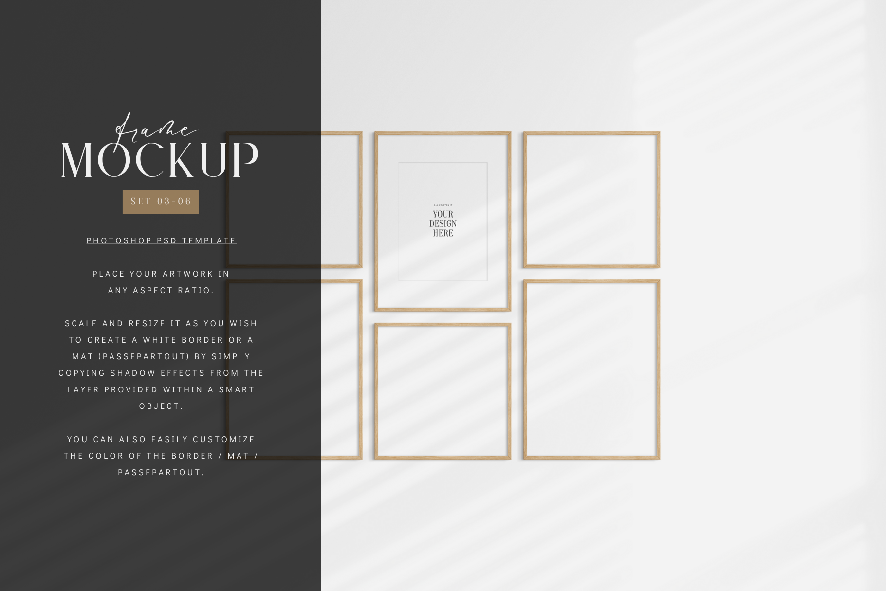 Gallery wall mockup set of six square and vertical wooden frames with shadow overlays.