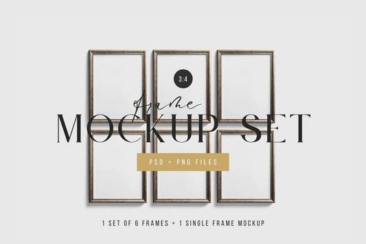 Metallic Frame Mockup Set of 6 Vertical Frames 3:4 | Vintage Silver Frame Mockup Set | PSD Template + Transparent PNG Files