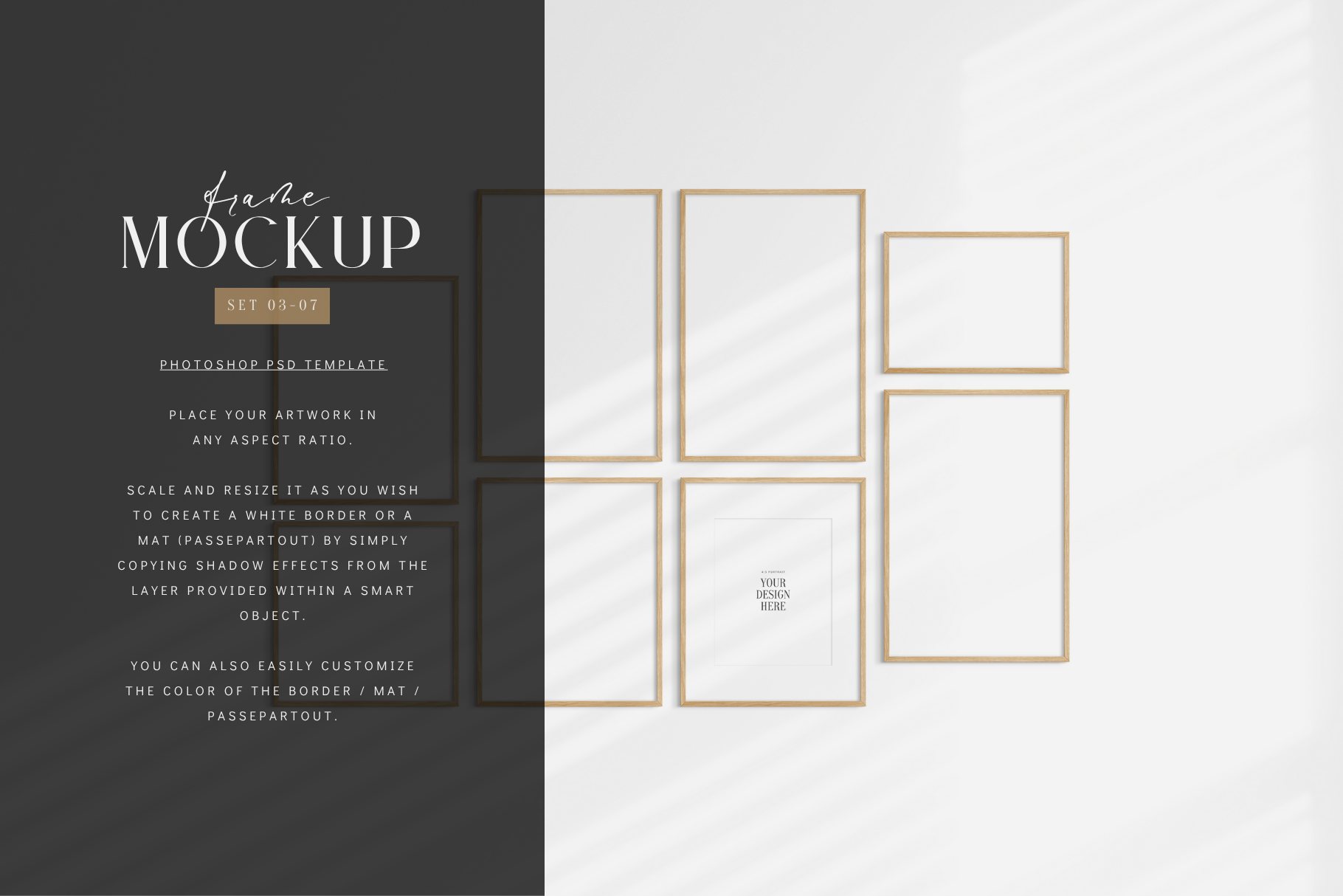 Modern, minimalist gallery wall mockup set of eight wooden frames with shadow overlays.