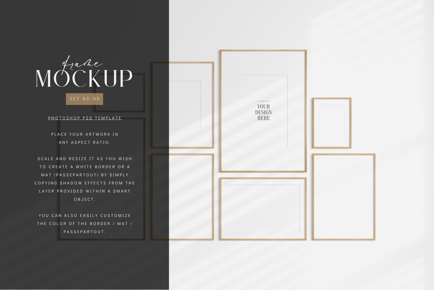 Modern, minimalist gallery wall mockup set of eight wooden frames with shadow overlays.
