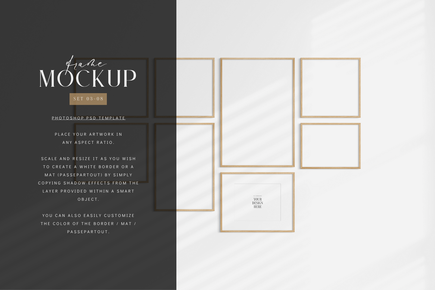 Modern, minimalist gallery wall mockup set of eight wooden frames with shadow overlays.