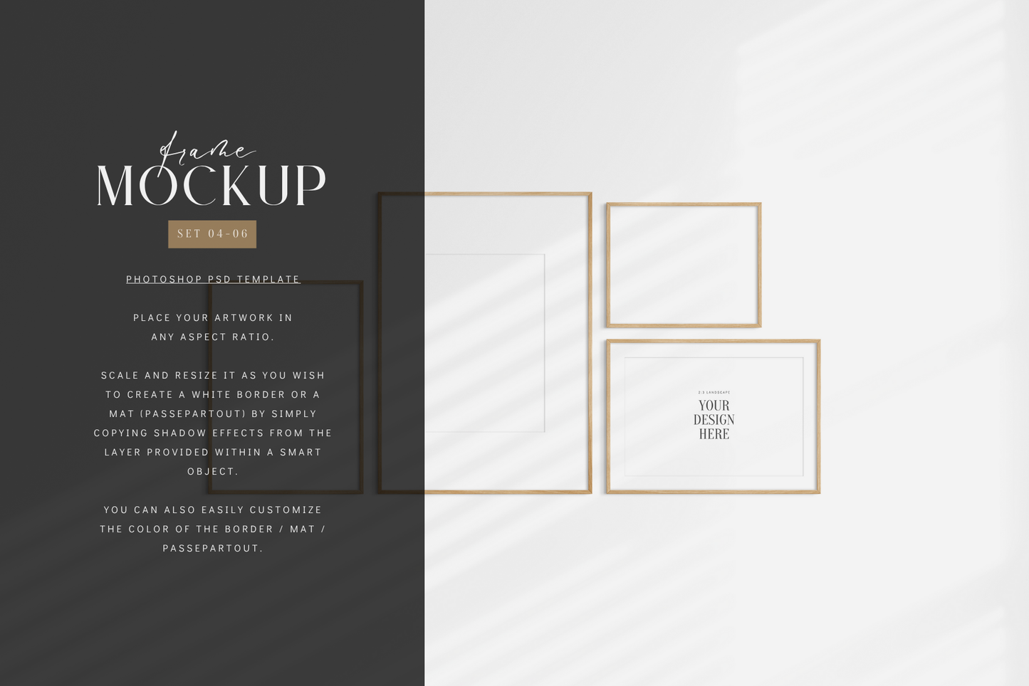 Modern, minimalist gallery wall mockup set of four wooden frames with shadow overlays.