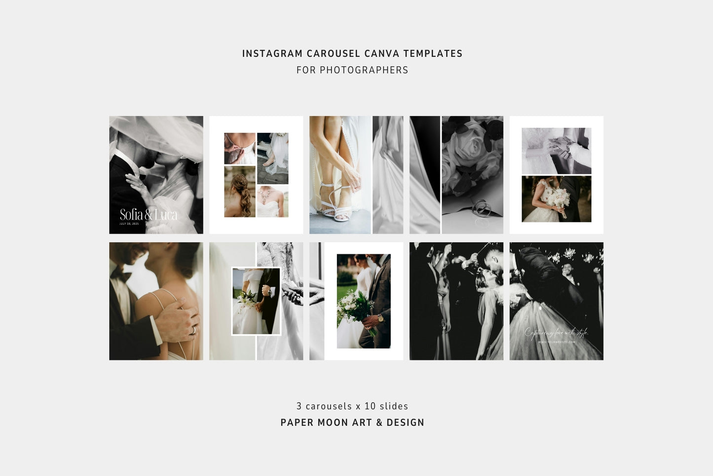 Portrait and wedding photography carousel Canva templates with modern layouts.