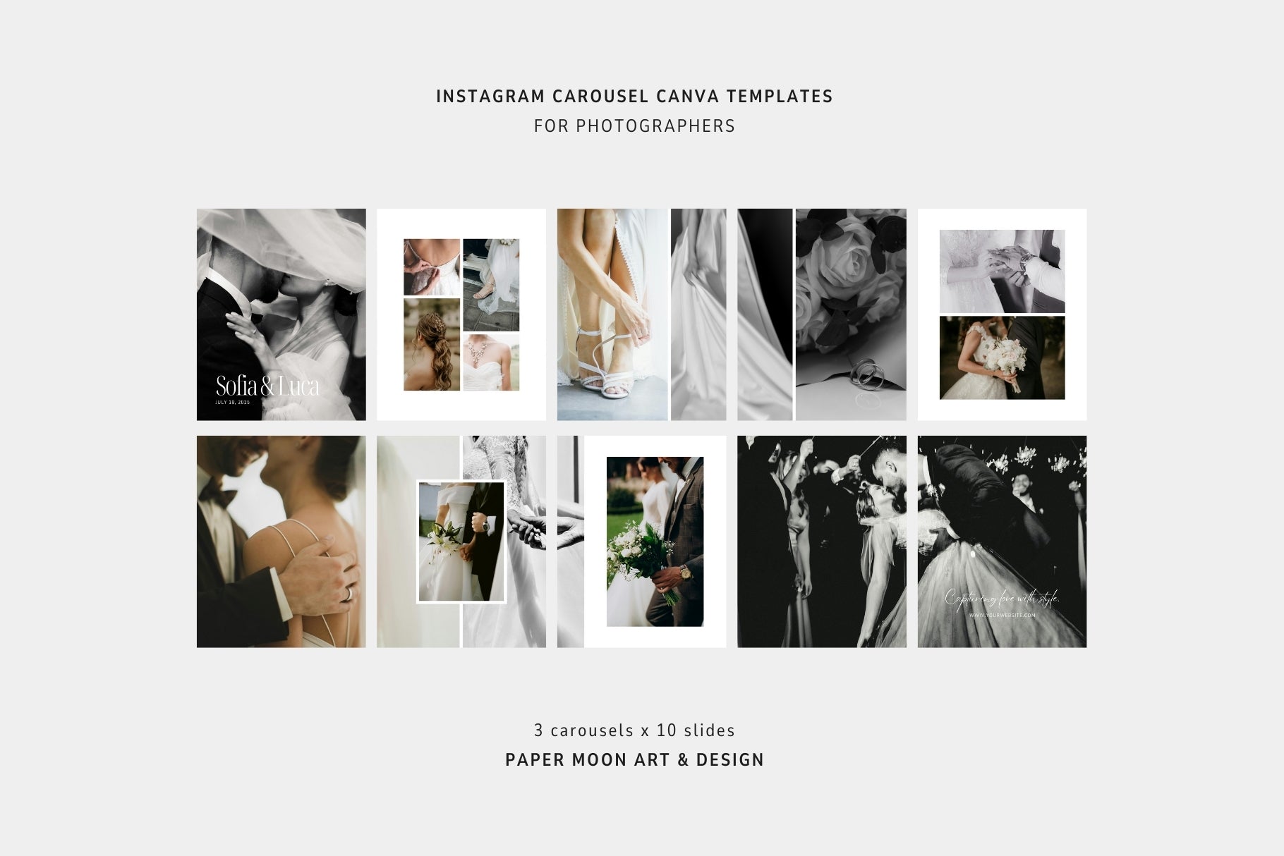 Portrait and wedding photography carousel Canva templates with modern layouts.