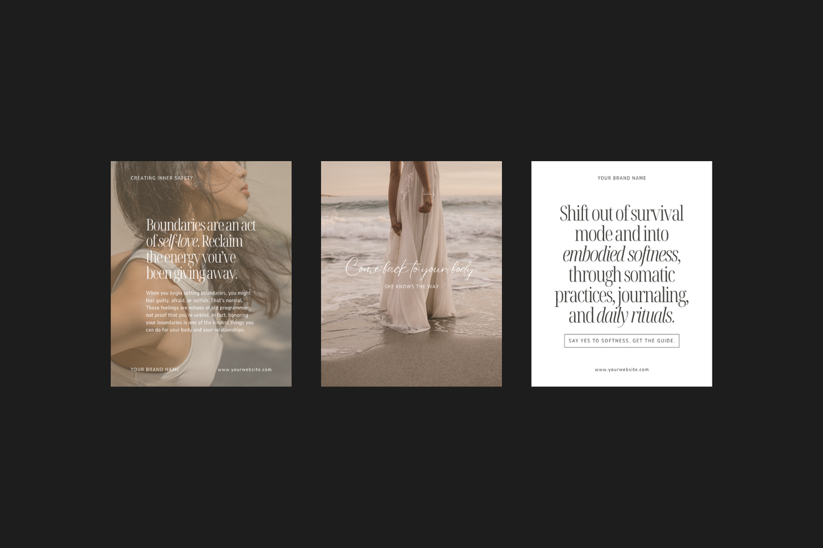 Customizable single-image Instagram post Canva templates for fashion, beauty, and lifestyle brands. Three vertical editorial social media templates displayed side-by-side on a dark gray background. The left template features a warm-toned portrait of a woman with text overlay.