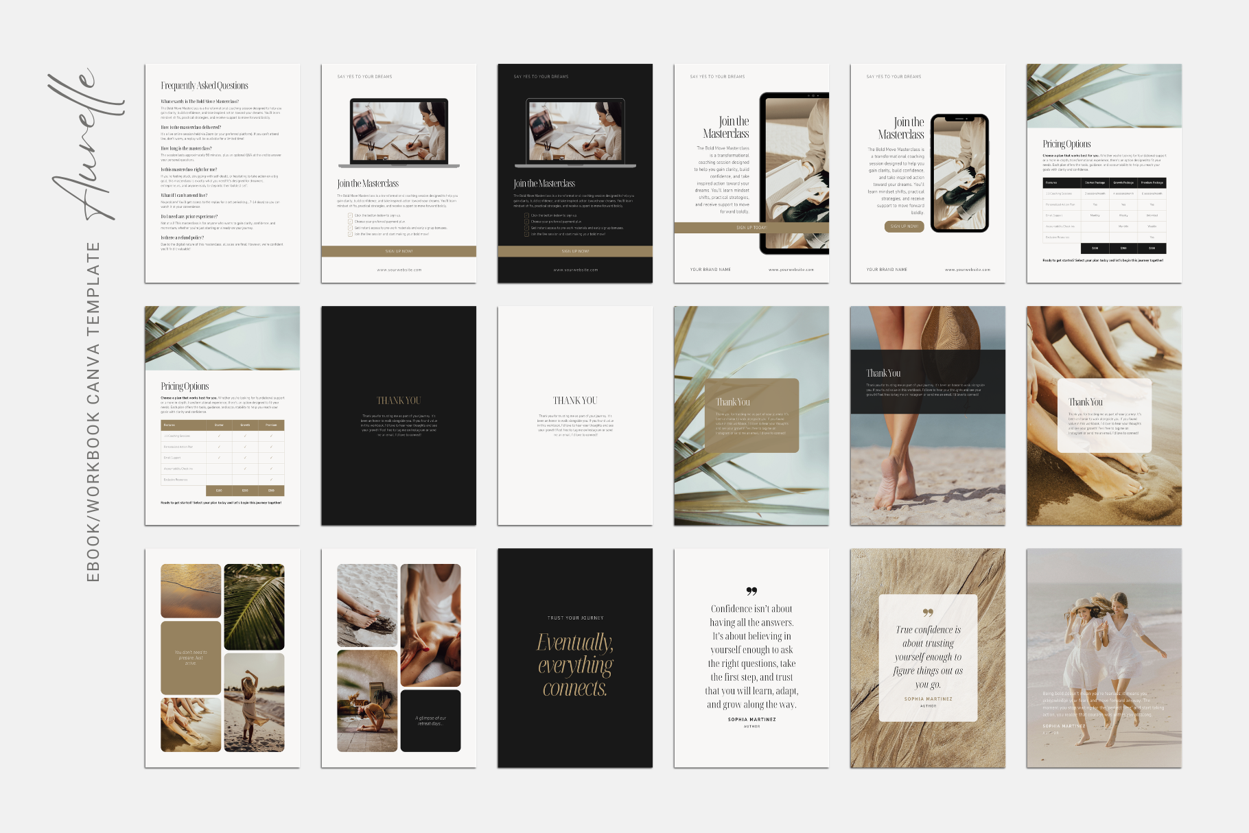 Canva ebook and workbook template with editable and customizable pages for guided journals, reflection prompts and exercises, self-development guides, and wellness resources