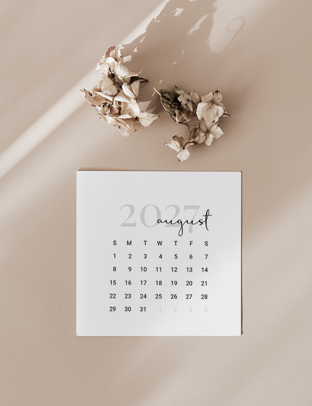 Clean modern 2027 calendar cards and monthly pages for bullet journal setups