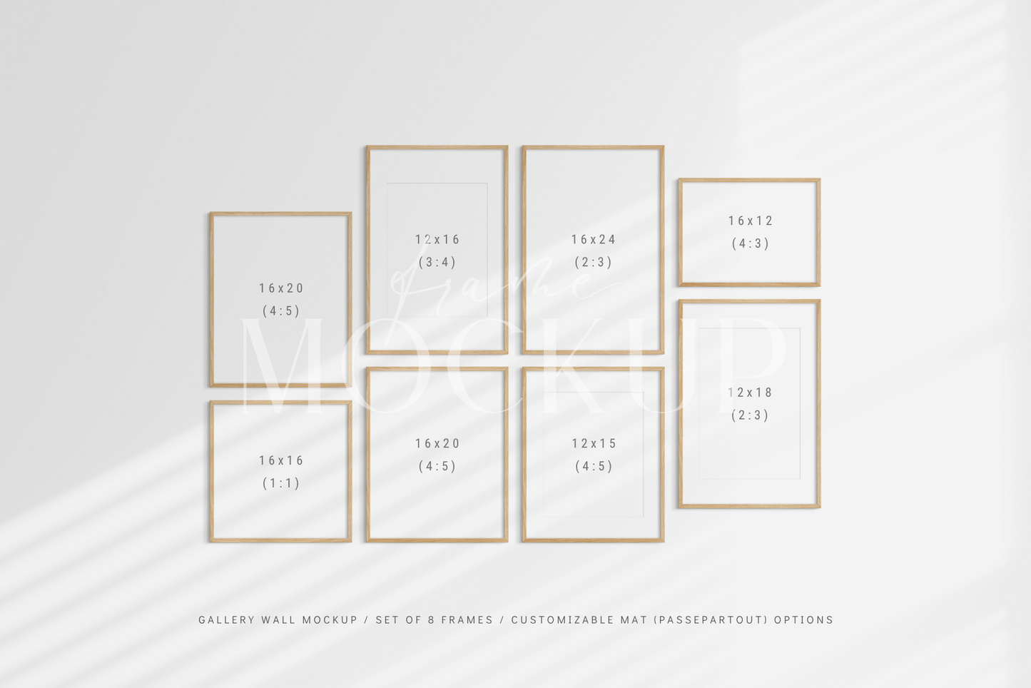 Fully customizable gallery wall frame mockup kit with eight frames, PSD frame mockup.