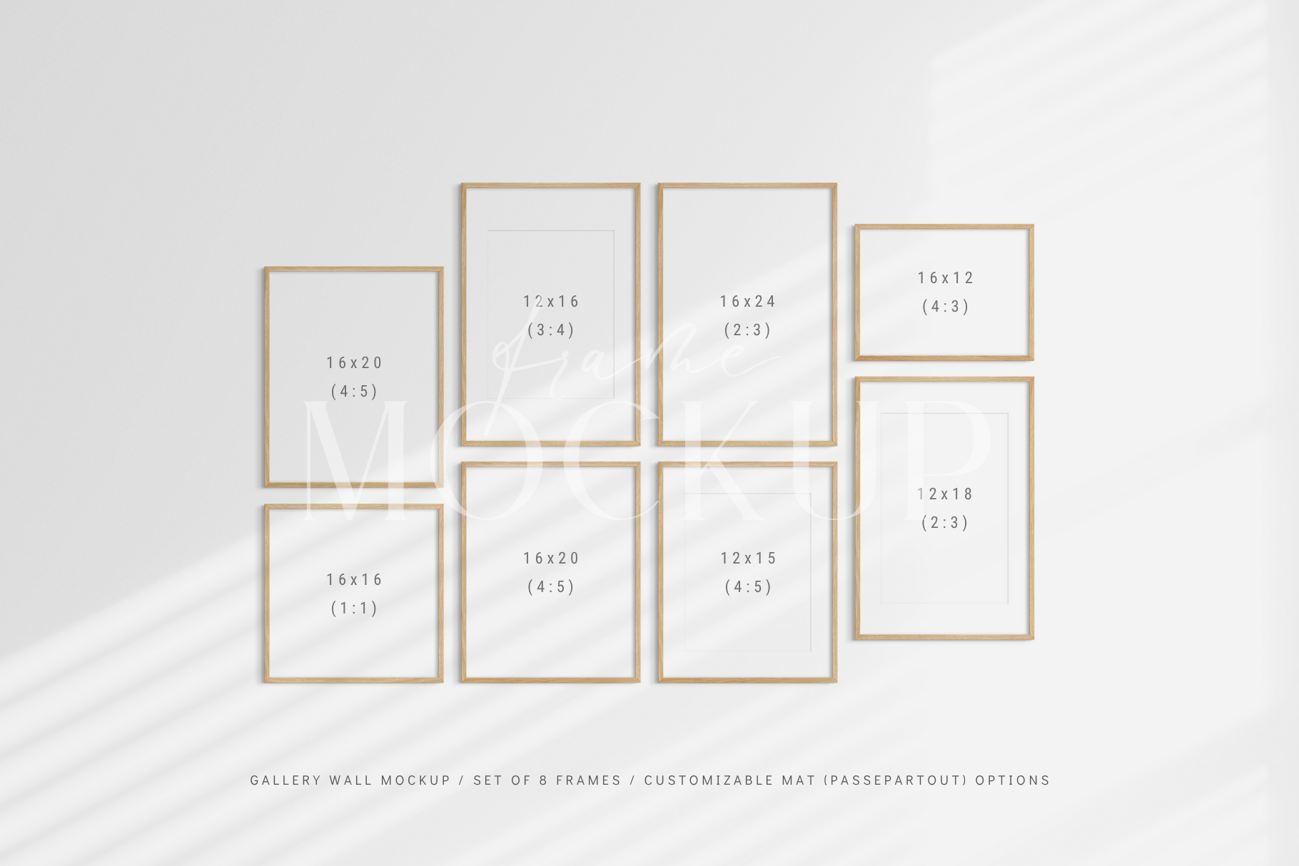 Fully customizable gallery wall frame mockup kit with eight frames, PSD frame mockup.