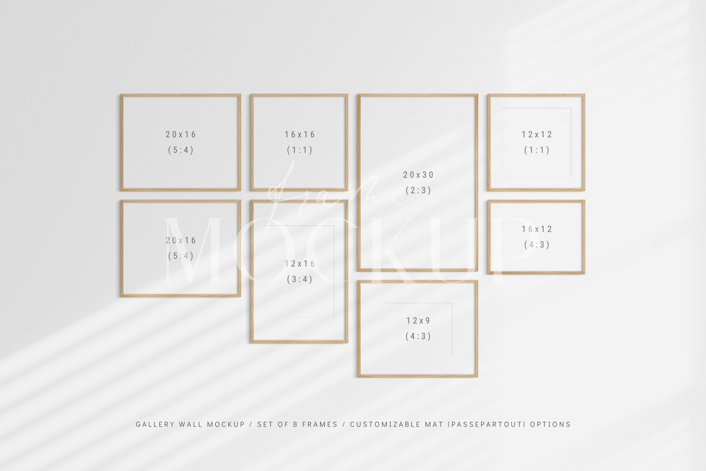 Fully customizable gallery wall frame mockup kit with eight frames, PSD frame mockup.