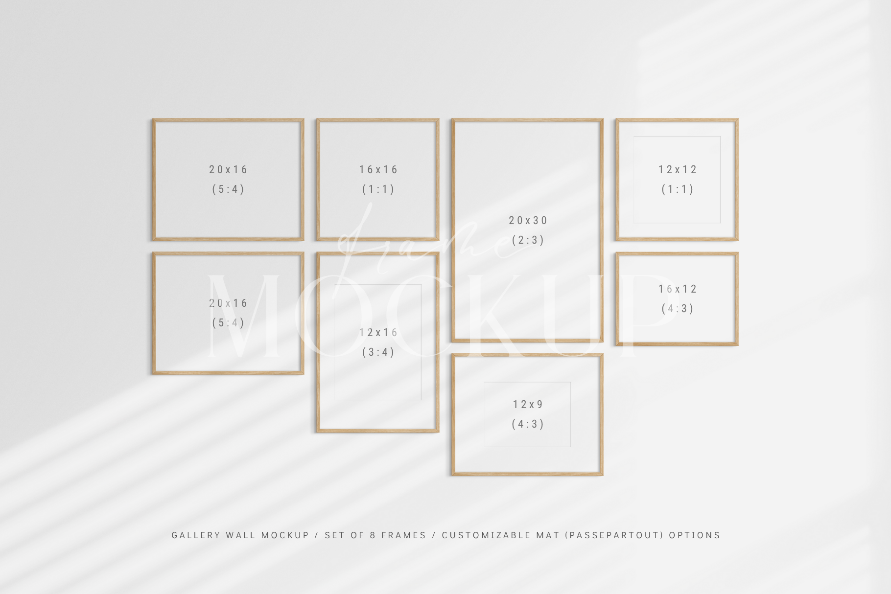 Fully customizable gallery wall frame mockup kit with eight frames, PSD frame mockup.