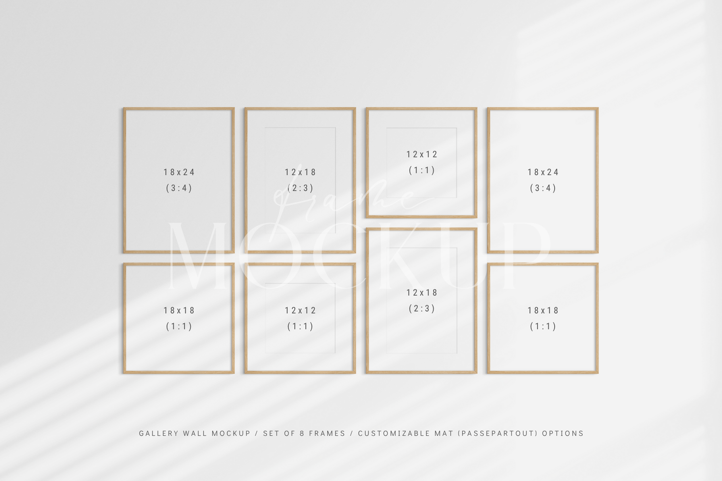 Fully customizable gallery wall frame mockup kit with eight vertical and square frames.