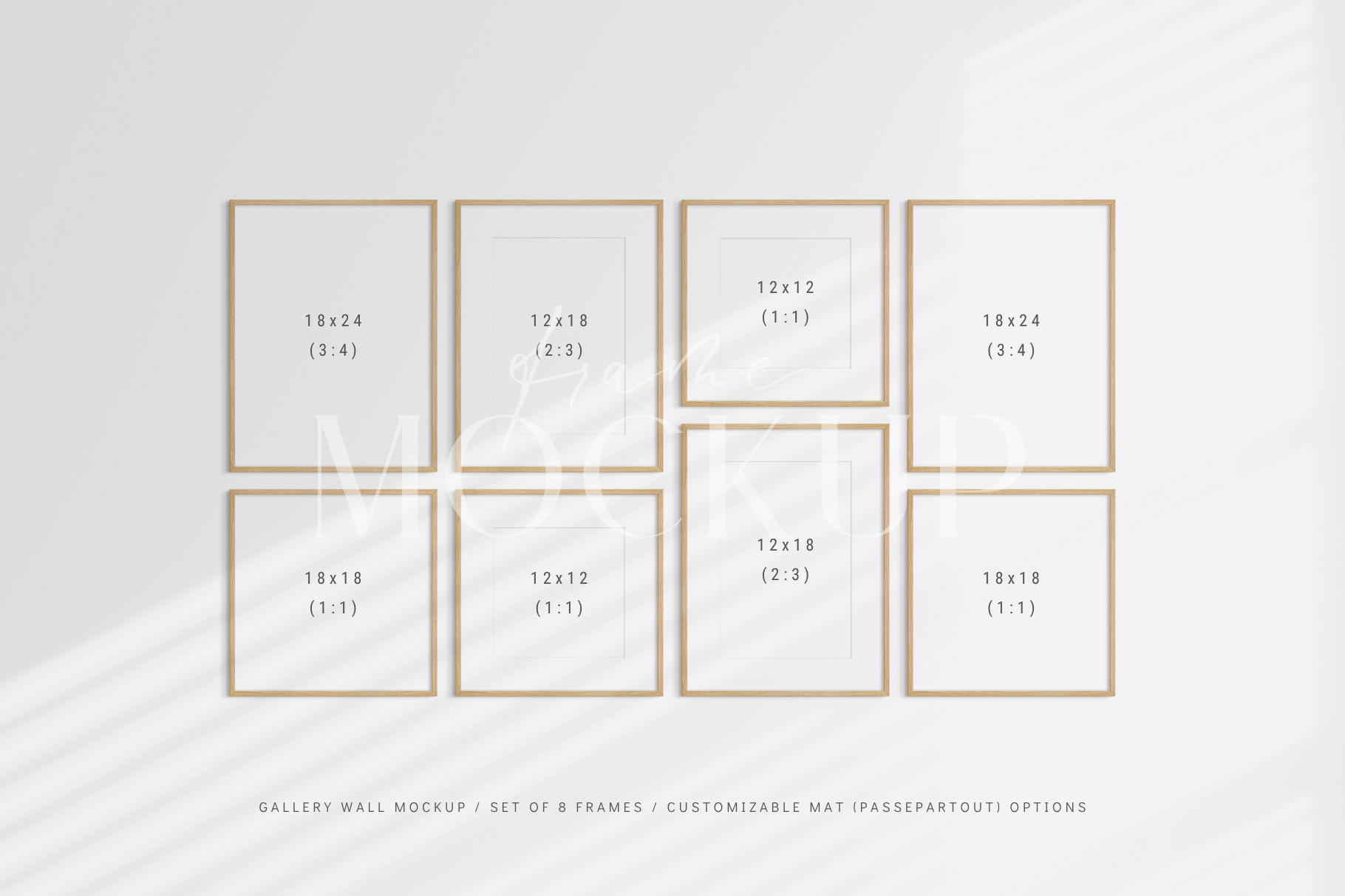 Fully customizable gallery wall frame mockup kit with eight vertical and square frames.