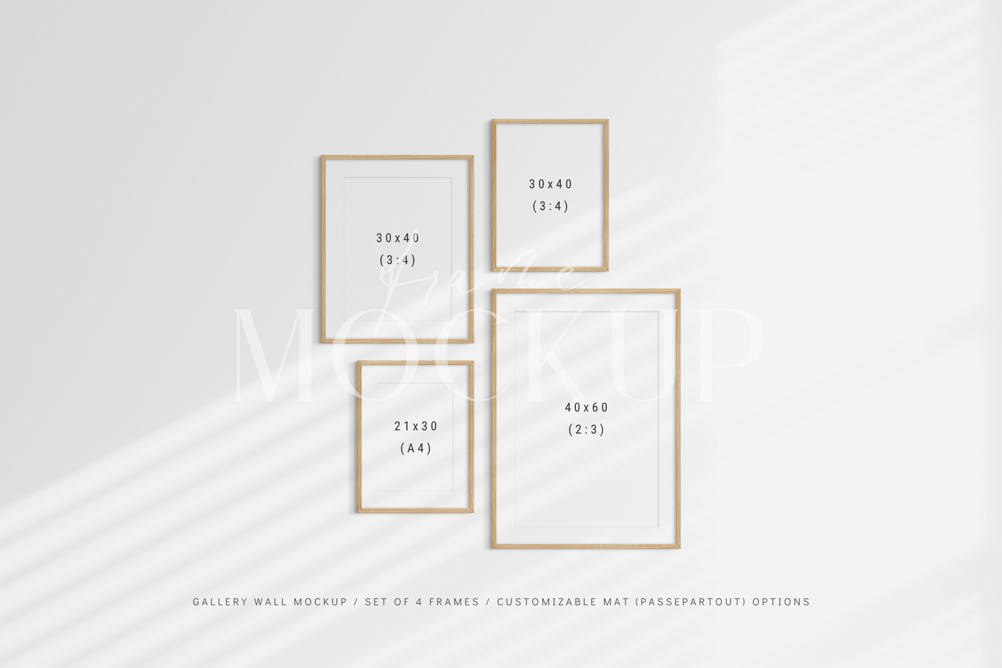 Fully customizable gallery wall frame mockup kit with four vertical frames, PSD template.