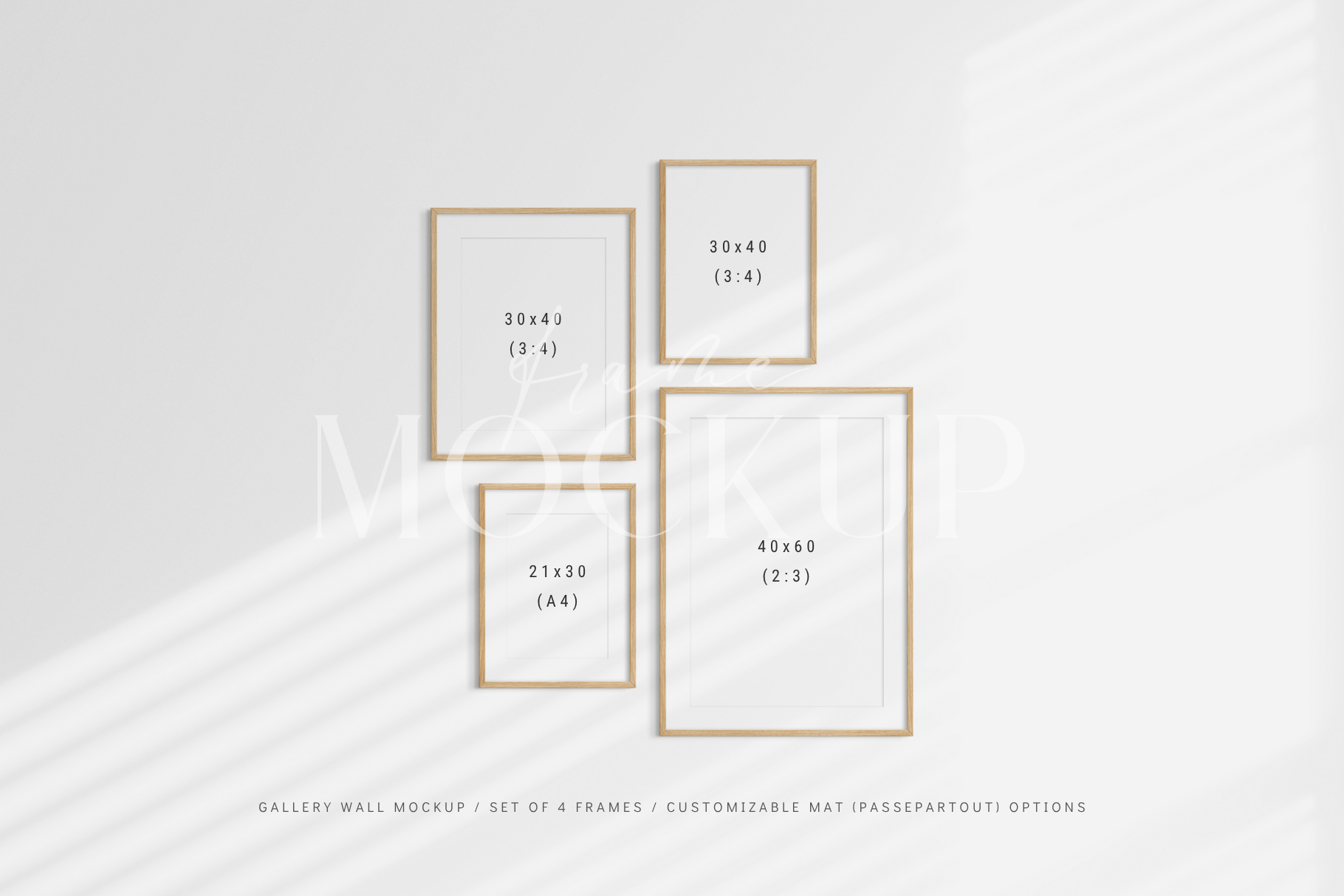 Fully customizable gallery wall frame mockup kit with four vertical frames, PSD template.