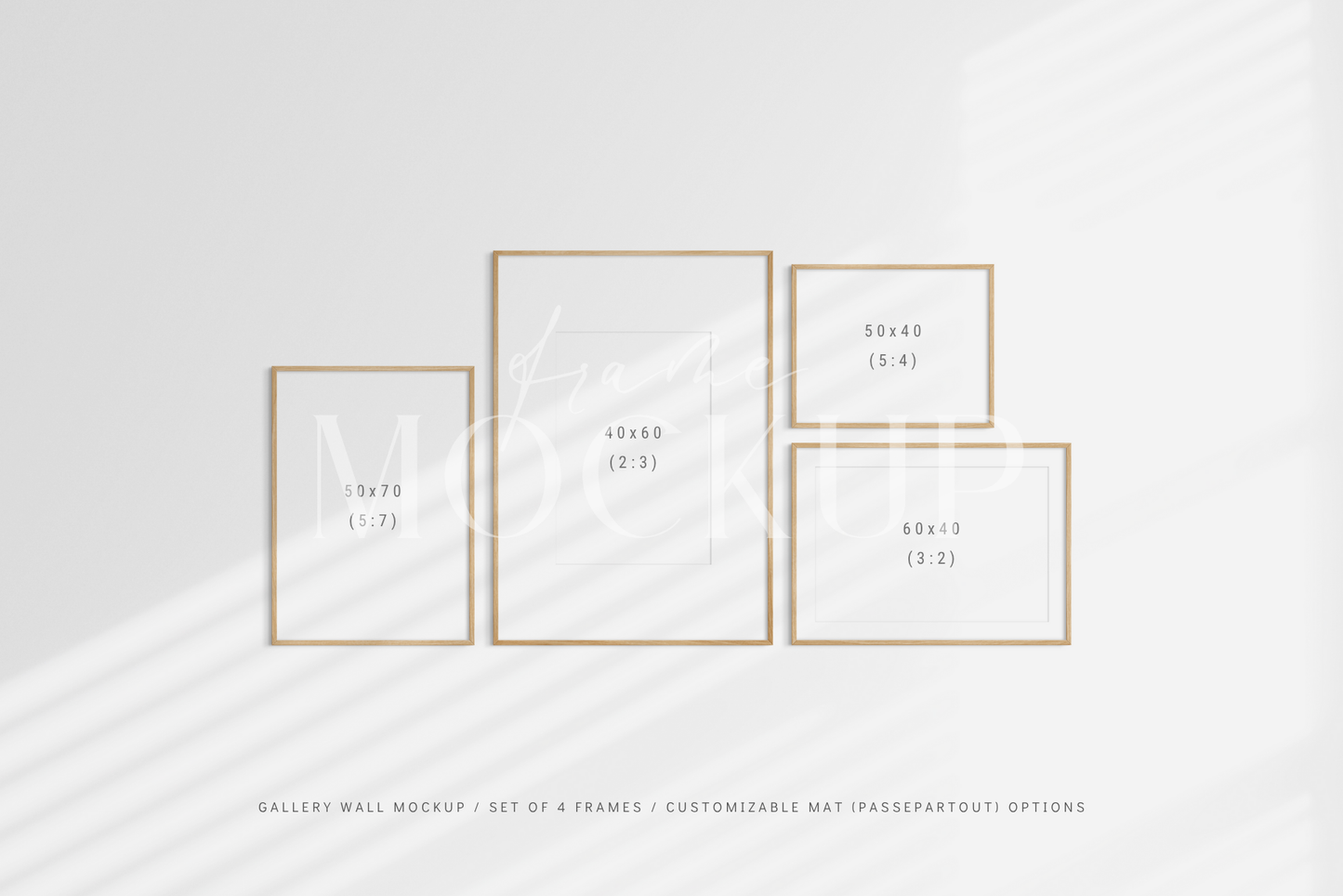 Fully customizable gallery wall frame mockup kit with four wooden frames, PSD template.