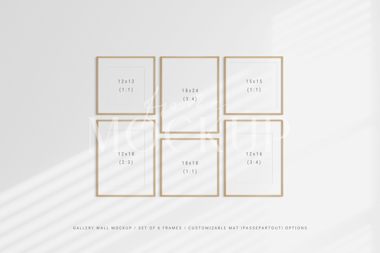 Fully customizable gallery wall frame mockup kit with six vertical and square frames.