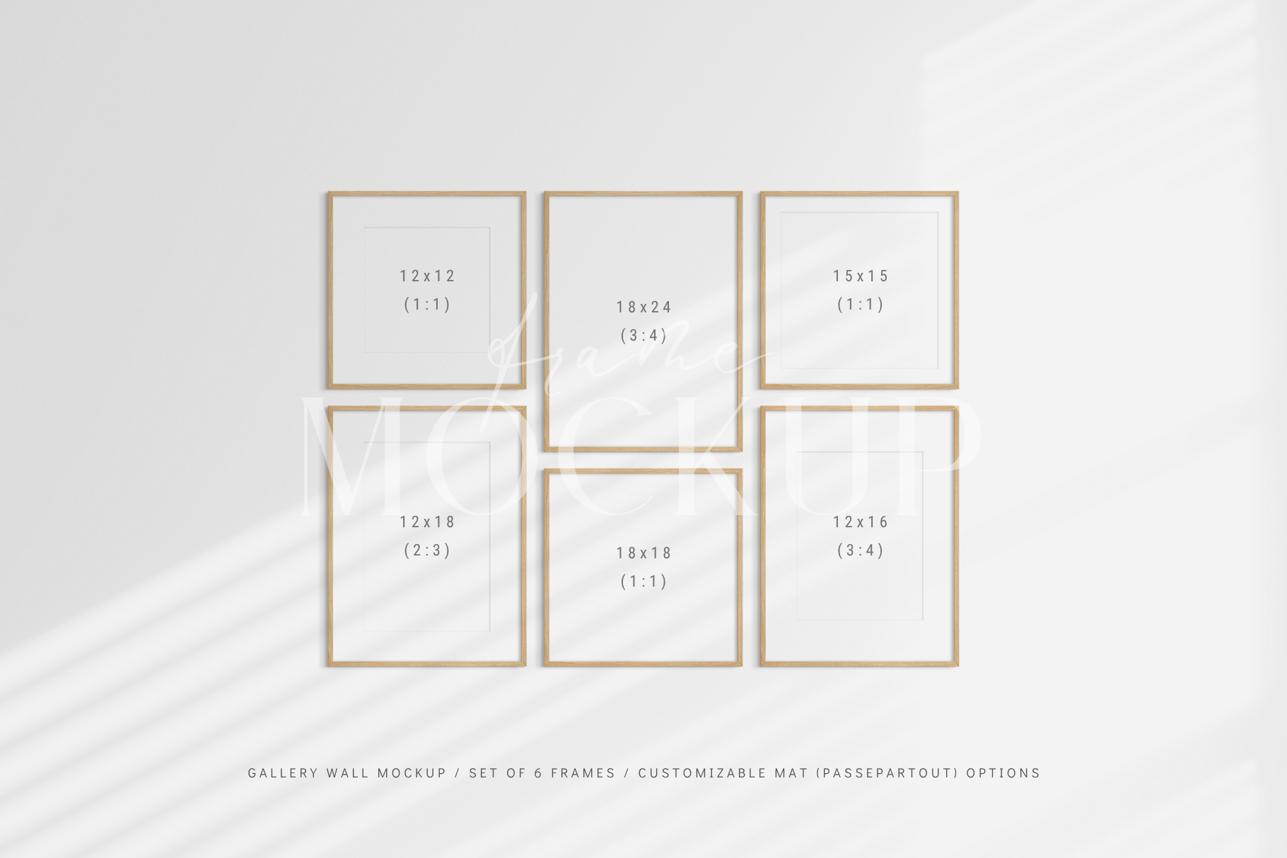 Fully customizable gallery wall frame mockup kit with six vertical and square frames.