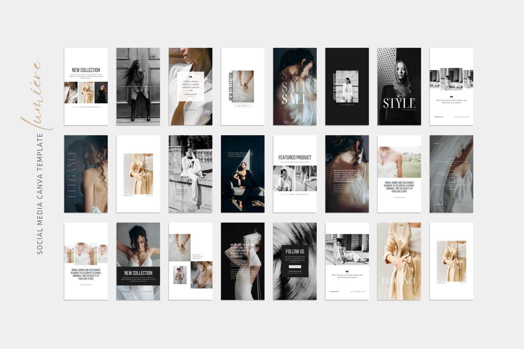 Instagram stories Canva templates in a black and white, editorial, minimal aesthetic, designed for photographers and fashion brands.