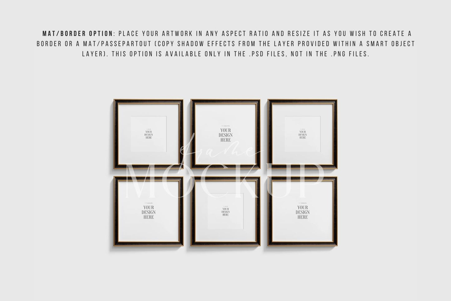 Metallic Frame Mockup Set of 6 Square Frames 1:1 | Elegant Black and Gold Frame Mockup Set | PSD Template + Transparent PNG Files