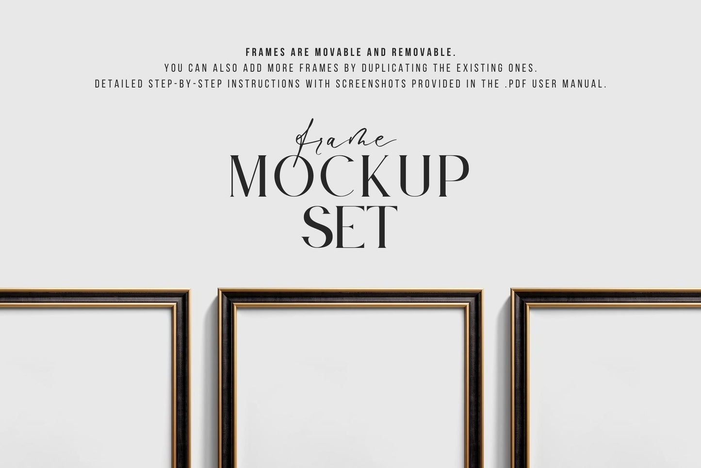 Metallic Frame Mockup Set of 6 Square Frames 1:1 | Elegant Black and Gold Frame Mockup Set | PSD Template + Transparent PNG Files