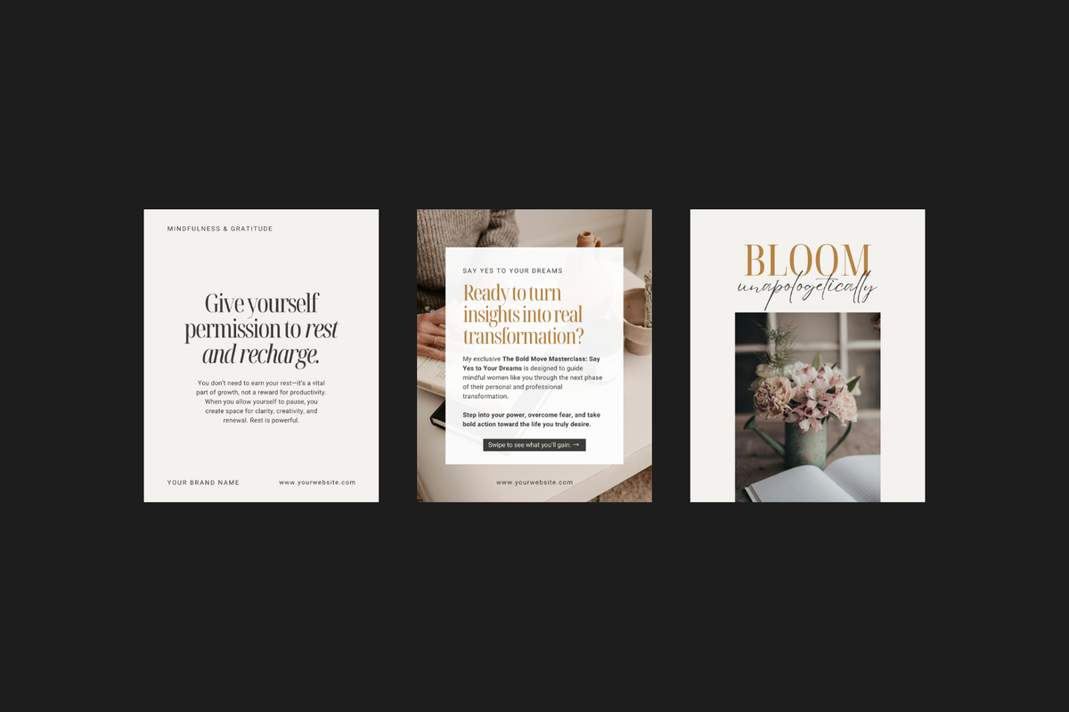 Minimalist Instagram post Canva templates in a neutral aesthetic for wellness coaches and personal brands.
