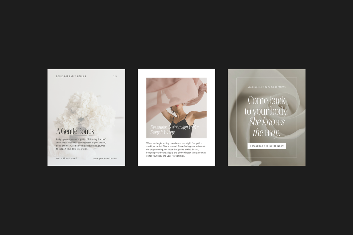 Minimalist Instagram post Canva templates in a neutral aesthetic for wellness coaches and personal brands. Three vertical wellness marketing Instagram posts displayed side-by-side on a dark gray background. The posts feature minimalist designs with soft neutral tones, including white, beige, and soft pink, with text such as 'A Gentle Reminder' and 'Come back to your body, she knows the way'.