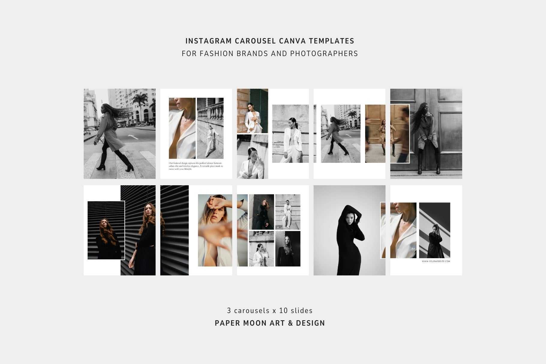 10-slide Instagram carousel Canva templates for editorial and fashion photography.