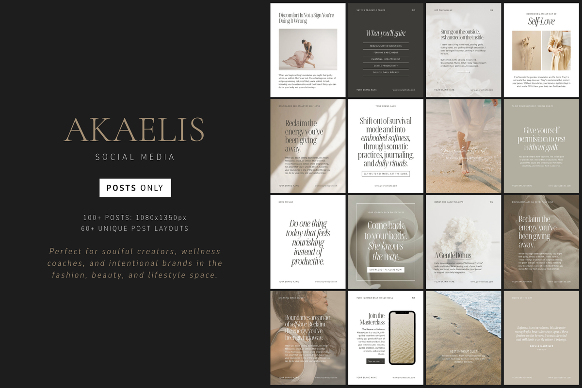AKAELIS social media Canva templates featuring delicate Instagram post layouts for feminine brands. A promotional graphic showing a set of minimalist Instagram post templates. The left side is a dark charcoal background with elegant gold text reading 'AKAELIS SOCIAL MEDIA' and 'POSTS ONLY', accompanied by descriptive copy.