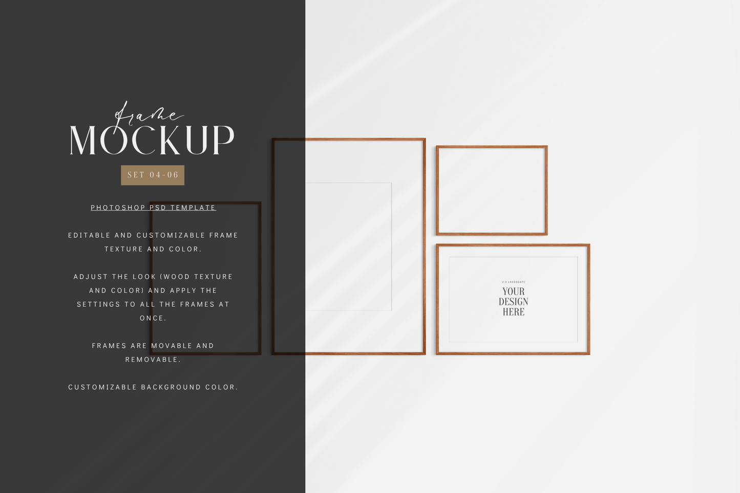 Gallery wall mockup set of 4 frames with customizable colors, shadows, and mat/passepartout.