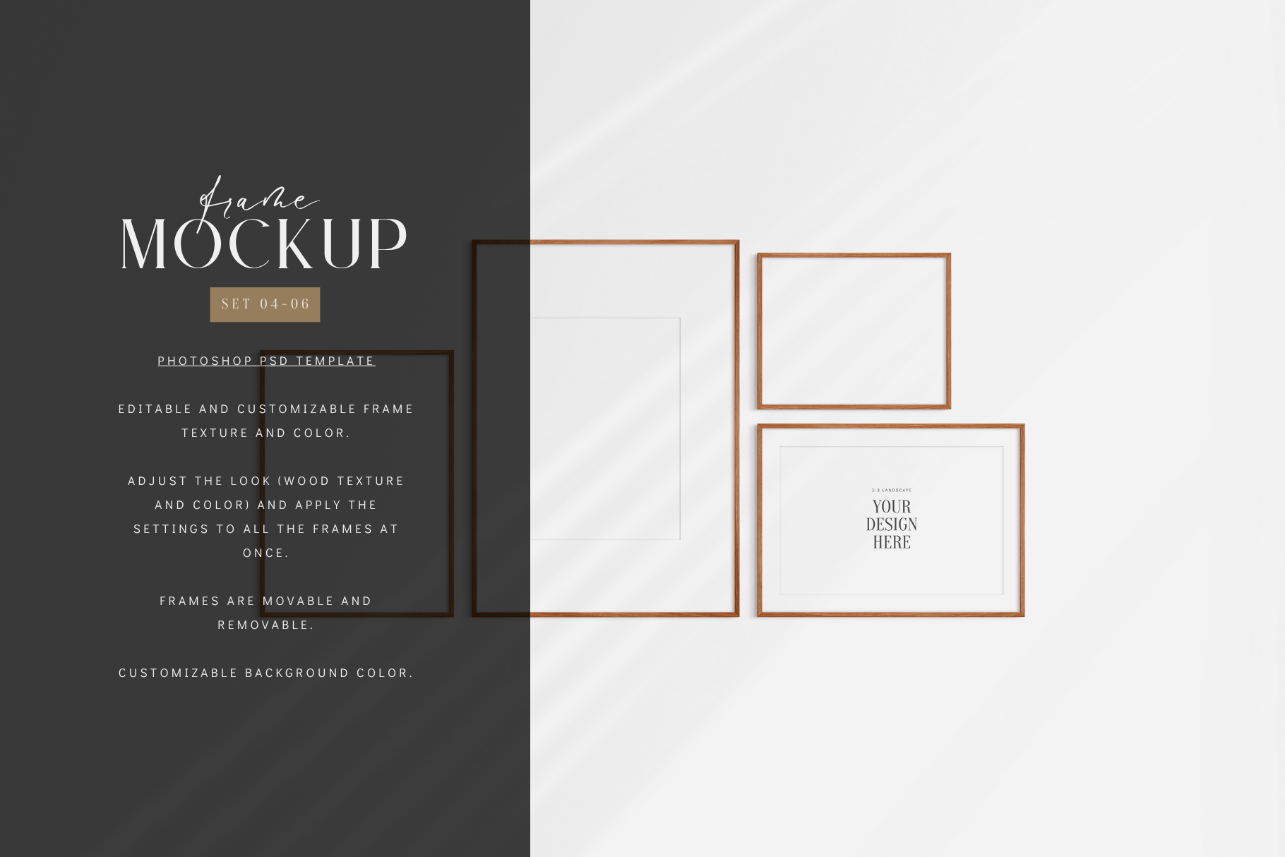 Gallery wall mockup set of 4 frames with customizable colors, shadows, and mat/passepartout.