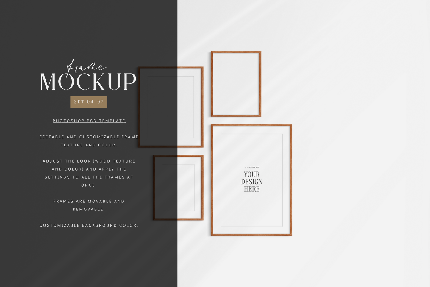 Gallery wall mockup set of 4 frames with customizable colors, shadows, and mat/passepartout.
