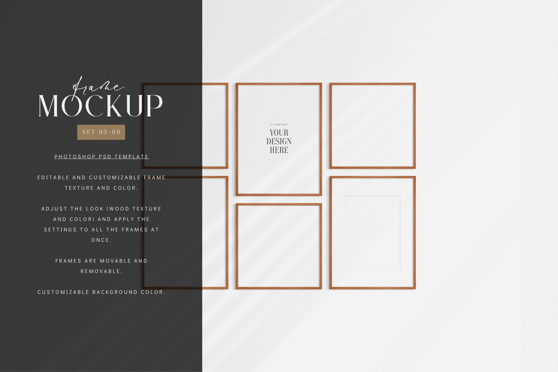 Gallery wall mockup set of 6 frames with customizable colors, shadows, and mat/passepartout.